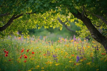 Lush green meadow sprinkled with bright blossoms and surrounded by rich foliage, offering a tranquil natural retreat.