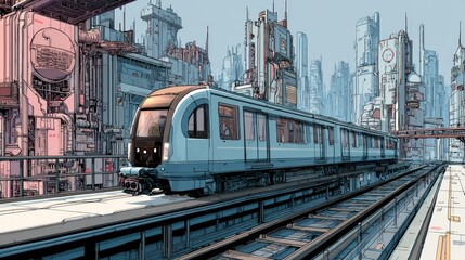 Obraz premium A futuristic train travels through a high-tech cityscape with towering structures and intricate designs, showcasing advanced transportation in an urban environment.