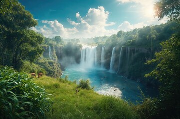 Fototapeta premium Waterfall scenery with lush greenery and wildlife