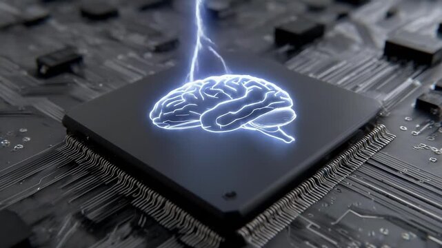 A computer processor on a motherboard with a glowing brain illustration and lightning, symbolizing artificial intelligence.