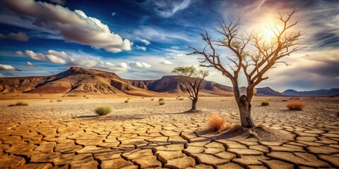 Desert landscape with barren wasteland, cracked earth, and dead trees