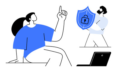 Man holding shield with padlock while woman points upward beside a laptop. Ideal for cybersecurity, online privacy, data protection, teamwork, decision-making, communication, simple flat metaphor
