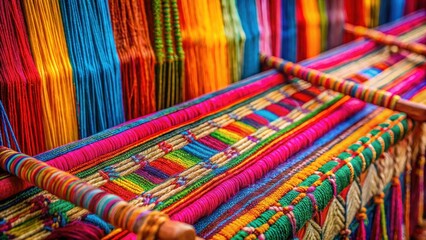 Intricate threads in vibrant hues are expertly woven together on a traditional loom, creating a beautiful tapestry of colors and textures , weave, embroidery