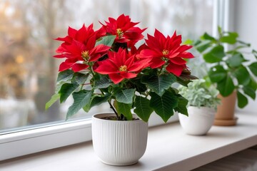 Fototapeta premium Poinsettia plant decorating windowsill during Christmas season