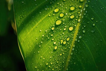 Green tropical leaf covered with water droplets