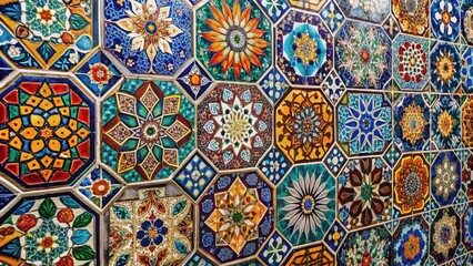 Mosaic tiles adorning a wall with intricate geometric patterns and vibrant colors, creating a unique piece of art