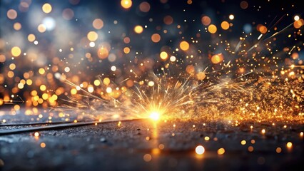 Glowing flow of steel metal spark dust particles and bokeh shine in the dark background