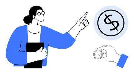 Businesswoman pointing at dollar sign representing financial goals, while hand holds clock for time management. Ideal for finance, business strategy, investment, planning, goal setting, productivity