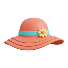 Fototapeta premium 3d icon of a stylish orange sun hat with flower decoration isolated on transparent background