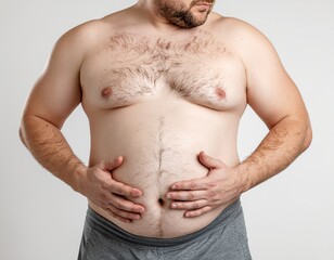 Naklejka premium Obese Man Grimacing in Pain, Holding Stomach and Waist on White Background