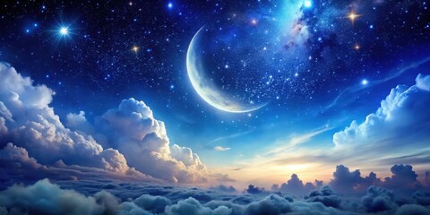Celestial canvas with vibrant stars and a crescent moon, set against a deep blue sky with fluffy white clouds , galaxy