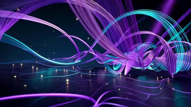 Flowing purple and cyan luminous ribbons forming curved loops above a dark reflective floor