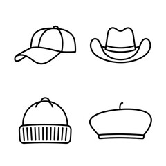 Simple Outline Hat Icon Set – Baseball, Cowboy, Beanie, Beret