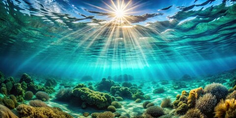 Fototapeta premium Sunlight filtering through the ocean surface from beneath, revealing a vast expanse of turquoise water with coral and seaweed swaying gently in the current , underwater ocean view, ocean surface