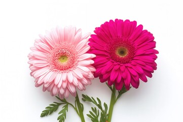 Pair of Gerber daisies with vibrant pink petals on a white backdrop