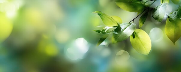 Lush green foliage, leaves basking in soft sunlight, blurred bokeh background. A tranquil, natural scene