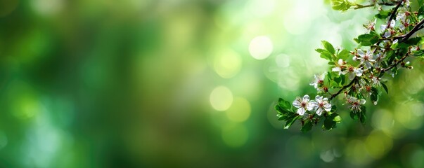 Branch with white blossoms against a vibrant green, blurred background, suggesting springtime
