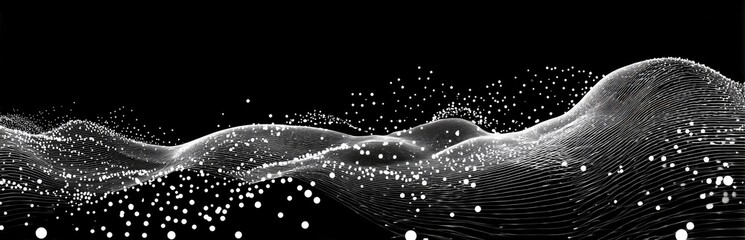 A grayscale abstract illustration showcasing a wavy, topographic-like formation, with scattered dots and a dark background