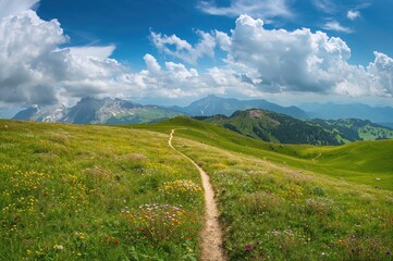 Naklejka premium Scenic mountain landscape with vibrant spring meadows under a bright sunny sky.