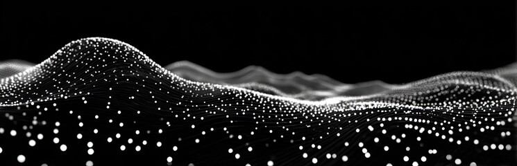 Abstract monochrome illustration of undulating surface composed of glowing particles, with a dark background