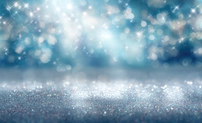 Sparkling blue bokeh backdrop with glitter foreground and shimmering light rays