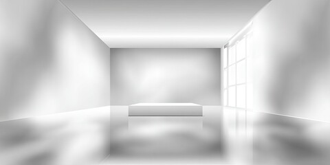 An empty, all-white room, with a platform in the center, a large window on the right side