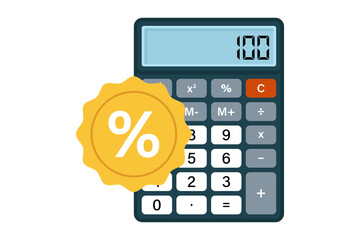 A calculator with a yellow percentage sign sticker on it, isolated on transparent background