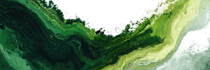 Abstract artwork of vibrant green fluid shapes. Depicts flowing patterns and textures. White space separates layers