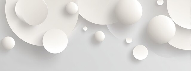 Abstract digital composition featuring overlapping white circles and spheres floating on a gray background