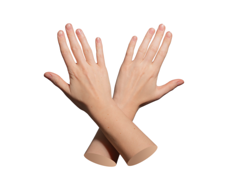 Two crossed female hands with open palms and straight fingers forming an X shape, expressing refusal