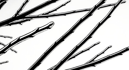 Close up of thorny branches covered in ice, isolated on white background