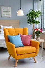 Yellow armchair with colorful cushions in modern interior