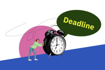 Creative collage young woman push alarm bell clock timer deadline textbox message speech time management urgency late miss responsibility