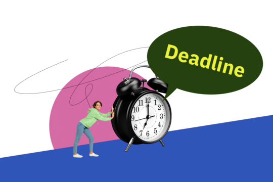 Creative collage young woman push alarm bell clock timer deadline textbox message speech time management urgency late miss responsibility