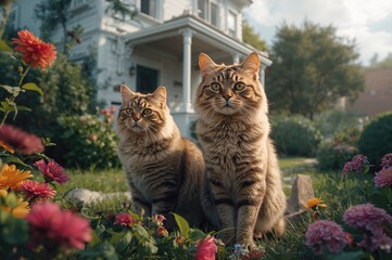 Two felines exploring an outdoor home garden area