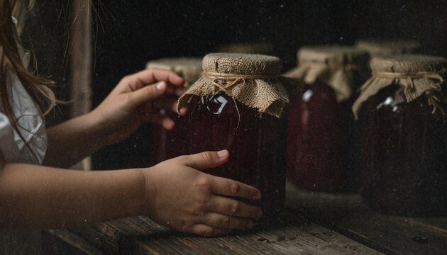 Child&rsquo;s hands gently holding a rustic jar of vibrant red homemade fermented beet kvass, showcasing natural probiotics, wholesome nutrition, and the earthy beauty of traditional artisanal fermentation