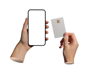 hands holding a smartphone with a blank white screen and a white chip card, concept of online
