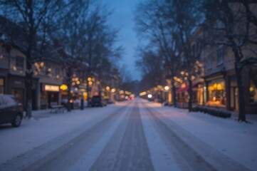 Fototapeta premium Soft Twilight Glow Over a Peaceful Snow-Covered Street Lined with Cozy Shops on a Winter Evening