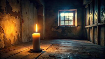 Softly glowing warm light from a lit candle flickers in the darkness of an abandoned room, atmosphere