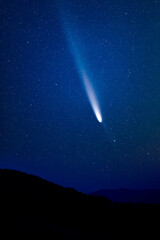 Milky Way stars with meteor shower trails and countryside tree silhouettes.