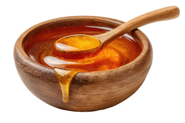 Wooden bowl filled with honey, dripping, wooden spoon