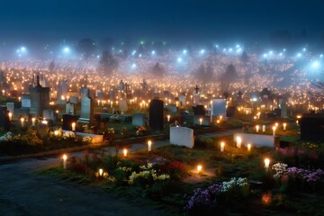 Fototapeta premium Cemetery illuminating with candles for All Saints' Day