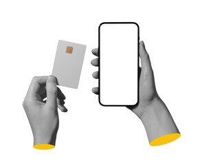 hands holding a smartphone with a blank screen and a chip card, concept of mobile banking,