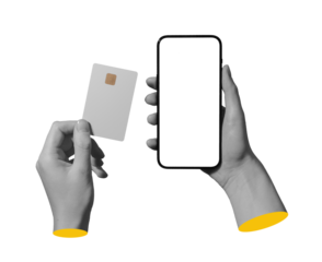 hands holding a smartphone with a blank screen and a chip card, concept of mobile banking,