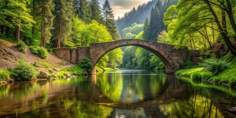Ancient stone bridge spanning a serene river in the heart of the dense Black Forest, surrounded by lush greenery and towering trees , scenery, black forest