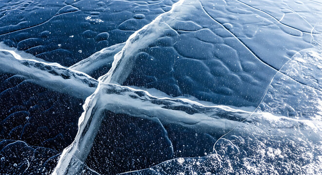 Closeup of cracked blue ice with air bubbles and frost patterns