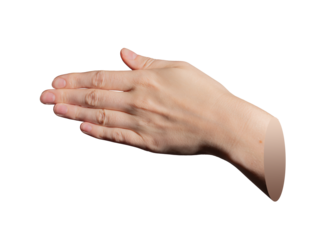 Female hand in a horizontal position with fingers extended together, palm facing sideways,