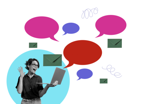 Composite collage image of entrepreneur girl netbook online letters speech bubble communication bizarre unusual fantasy billboard comics