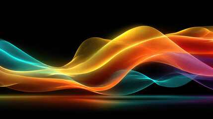 Vibrant neon waves and glowing particles form a flowing digital surface, visualizing data streams, network connectivity and technological transformation in a futuristic gradient backdrop