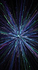 Abstract burst of luminous strands radiating from center on dark backdrop